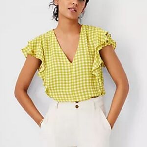 Ann Taylor Gingham Check Ruffle Sleeve Blouse